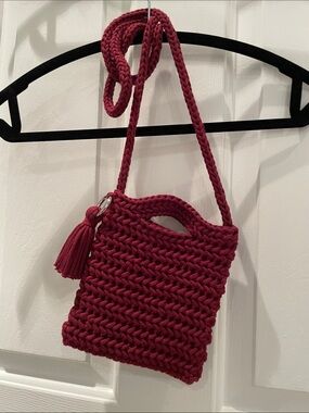 Hand Crocheted Herringbone Stitch Crossbody Bag in Deep Burgundy with Tassel